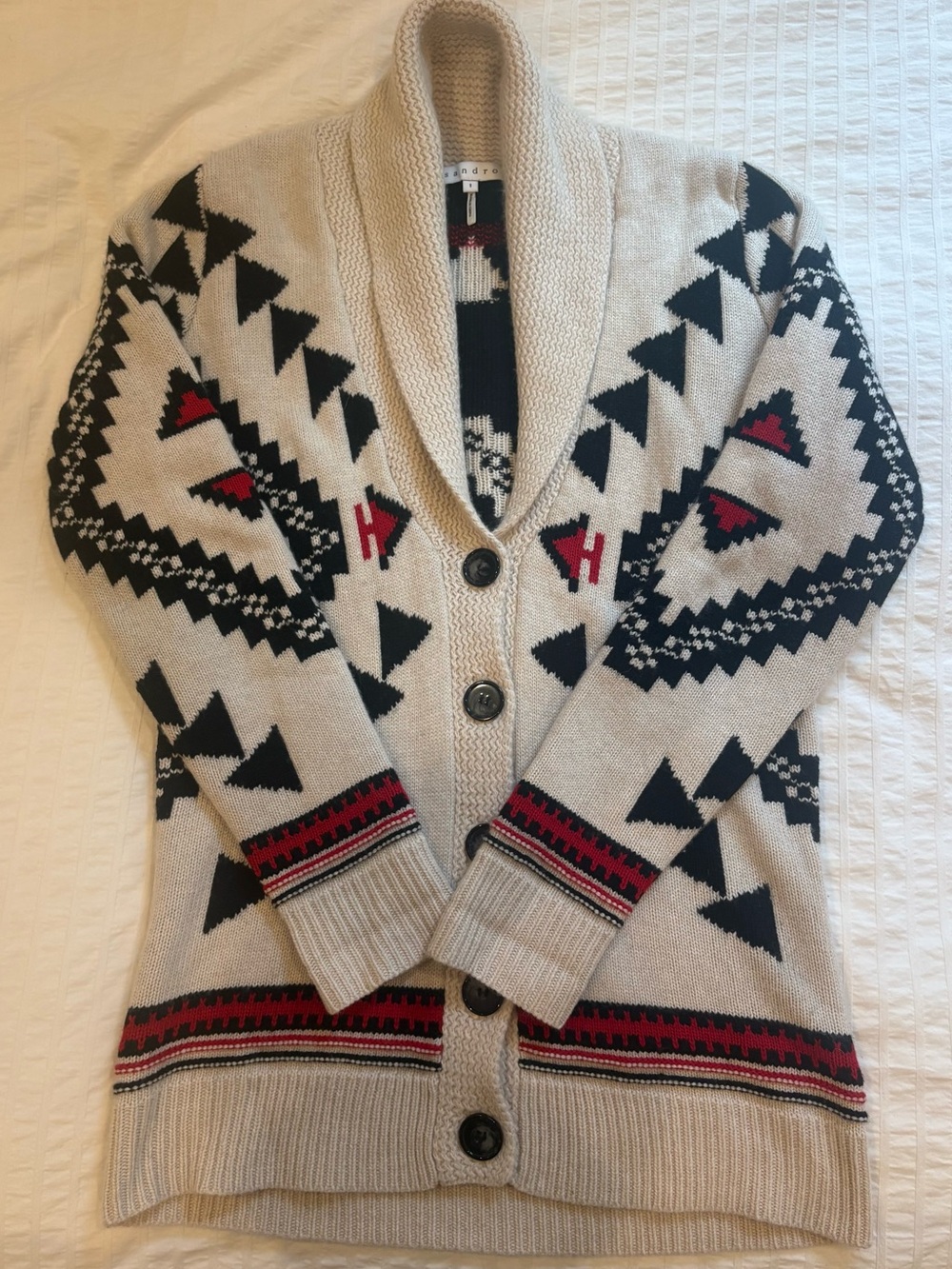 Sandro Shawl Collar Aztec Knit Cardigan Sweater - Beige/Black/Red - Picture 6 of 6